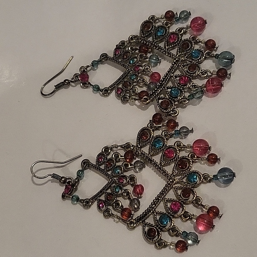 VINTAGE 2000s‎ Indian Multicolor Dangle Rhinestone Chandelier Fashion Earrings